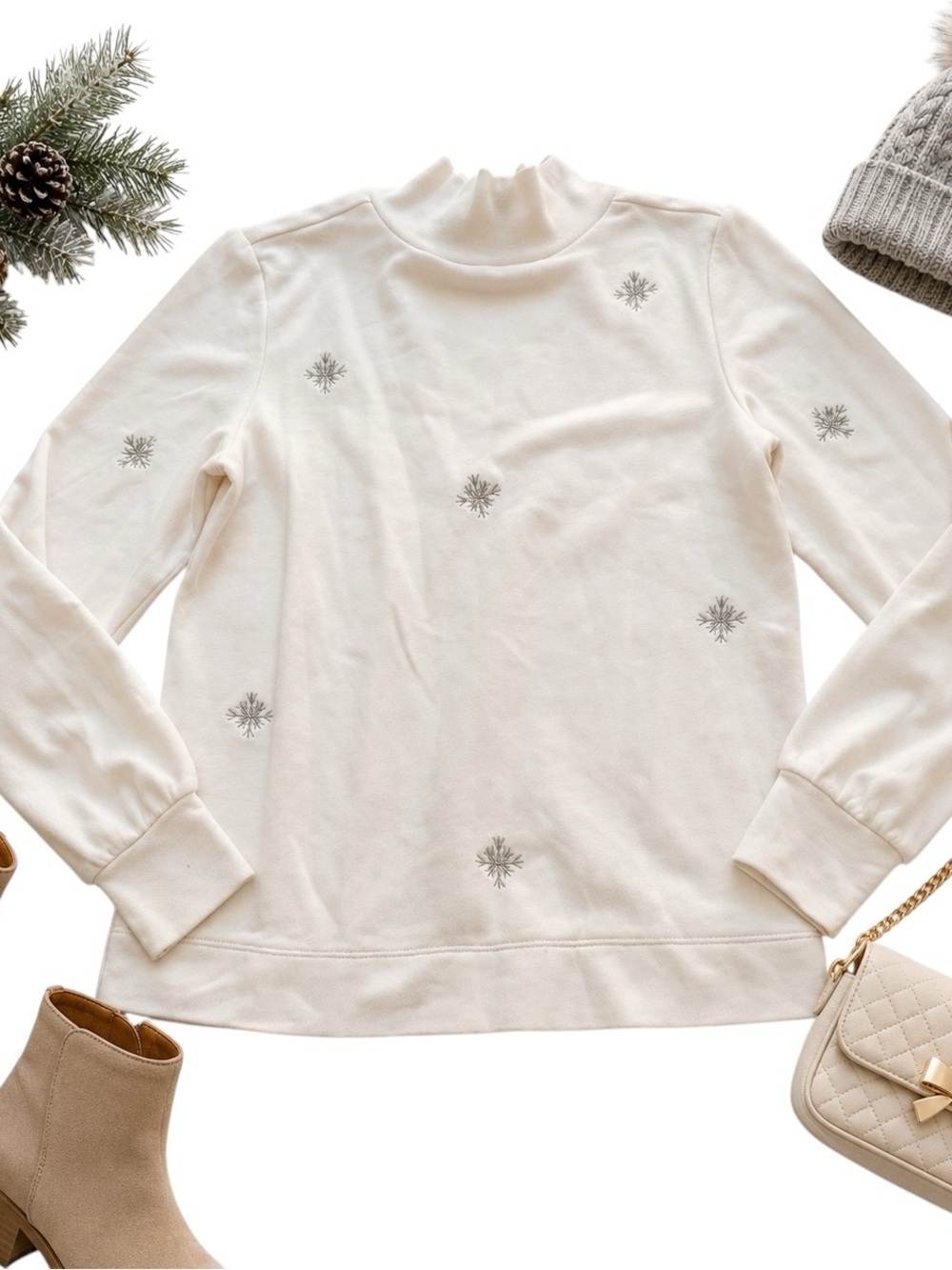 LOFT Ivory Snowflake Embroidered Mock Neck Sweatshirt Winter Cozy Small in GUC